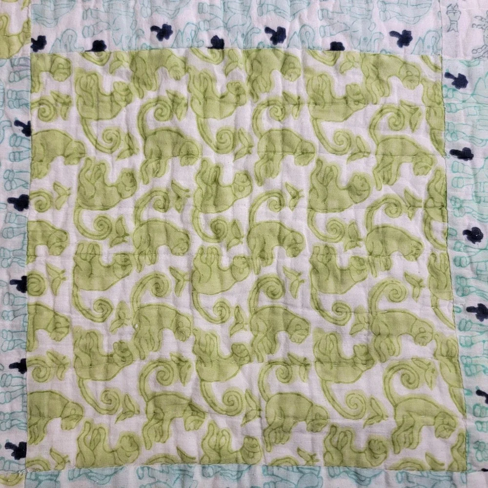The Company Store Full Queen Quilt Cotton Patchwork Green Blue Animal Print